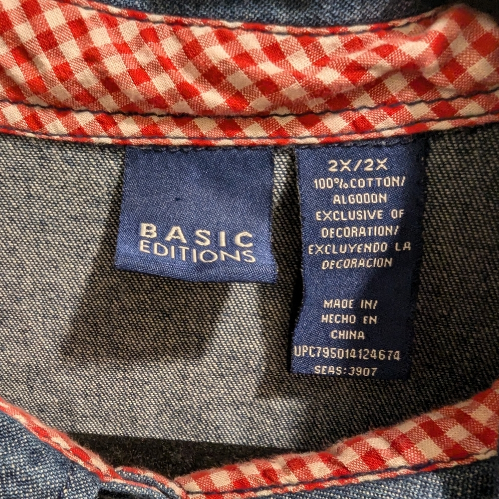 Basic Editions 90's Embroidered Denim Top Short Sleeve Red White Blue July 4- 2X - Picture 7 of 8